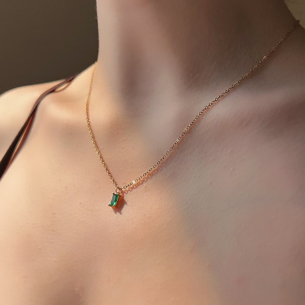 18K Gold Plated Emerald Green Glass Stone Pendant Over Delicate Chain Necklace, Emerald Pendant Gold Necklace, Square Pendant Necklace