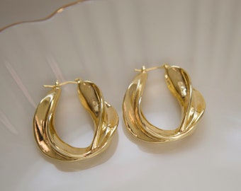 18K Gold Plated Chunky Thick Gold Hoop Earrings, Vintage Gold Statement Hoop Earrings, Medium Hoop Earring, Chunky Gold Hoops, Daily Hoops