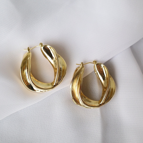 Boucles d’oreilles Chunky Thick Gold Hoop plaquées or 18 carats, boucles d’oreilles vintage Gold Statement Hoop, boucle d’oreille Medium Hoop, Chunky Gold Hoops, Daily Hoops