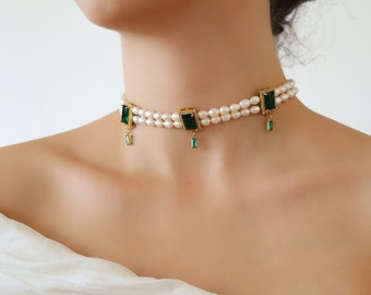 18K Gold Emerald Green Freshwater Pearl Choker Necklace, 5mm Dainty Natural Pearl Necklace, Handmade AAA Quality Pearl, Dainty Necklace