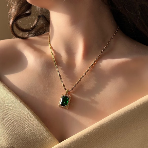 18K Gold Plated Emerald Green Cubic Zirconia Stone Pendant on Twisted Rope Chain, Emerald Pendant Gold Necklace, Square Pendant Necklace