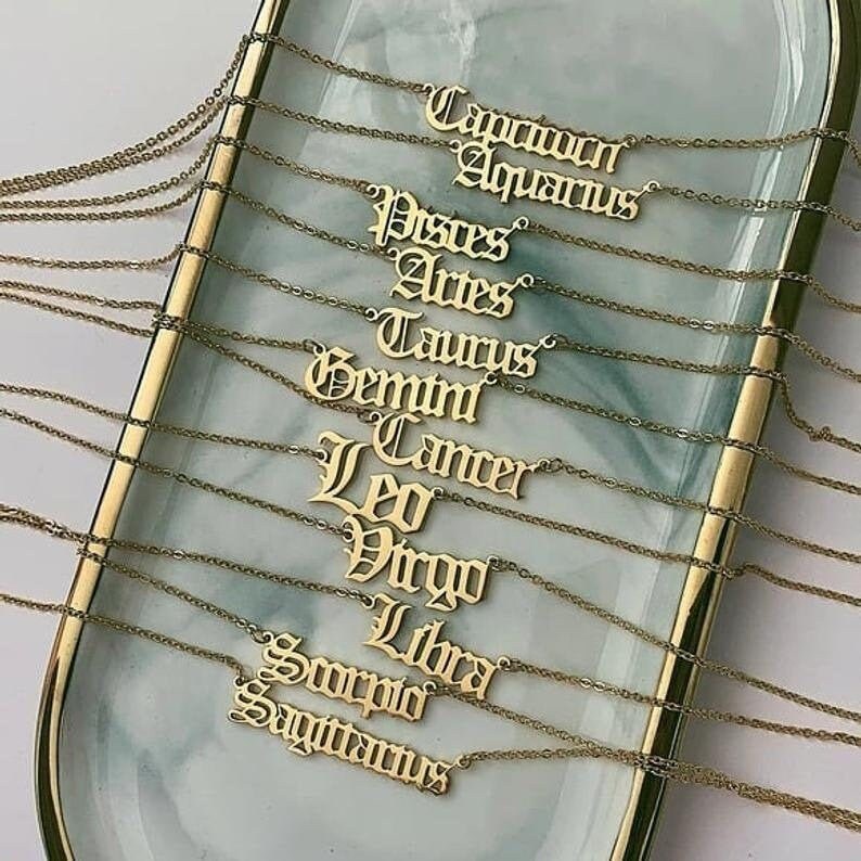 Old English Zodiac Chain Necklace Gold Plated Stainless Steel (Zodiac…