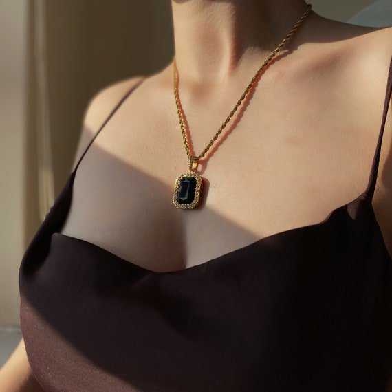 18K Gold Plated Black Cubic Zirconia Stone Pendant on Twisted Rope Chain, Black CZ Stone Pendant Gold Necklace, Square Pendant Necklace