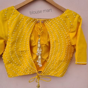 Yellow Silk Blouse, Pearl Work Blouse, Keyhole Neck Blouse, Elbow Sleeves Blouse, Saree Blouse, Sari Blouse, Ready-made Blouse.