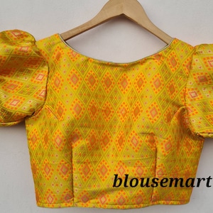 Yellow Brocade Puff Sleeves Blouse, Indian Designer Blouse,  Saree Blouse, Sari Blouse, Crop Top, Wedding Blouse, Ready-made Blouse