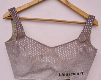 Blusa de lentejuelas beige, Blusa con cuello en forma de corazón, Blusa sombreada, Blusa sari, Blusa sari, Top corto, Blusa de novia, Blusa de diseñador, Confección