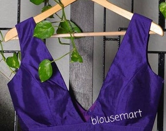 Purple Silk Blouse, V neck Paded Blouse, Indian Designer Blouse,  Saree Blouse,  Sari Blouse,  Crop Top, Ready-made Blouse.