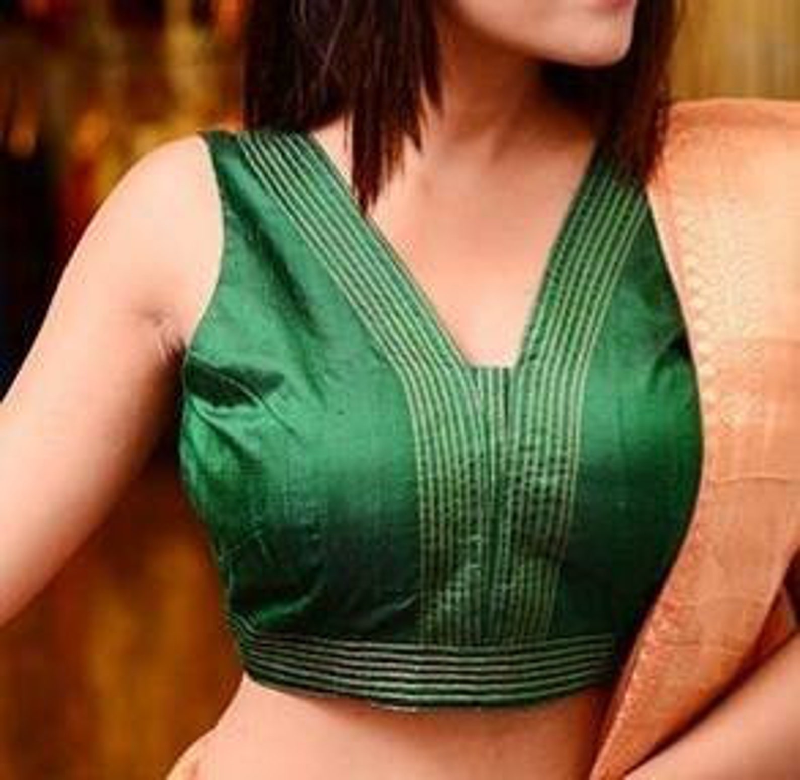 Green Silk Blouse Cutsleeves Blouse V Neck Blouse Saree Etsy