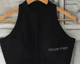 Camicetta nera in seta con colletto, camicetta senza maniche, camicetta per sari, camicetta per sari, crop top, camicetta pronta all'uso.