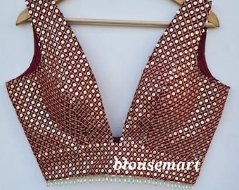 Rödbrun paljettblus, indisk designerblus, sariblus, sariblus, kort topp, bröllopsblus, färdigblus