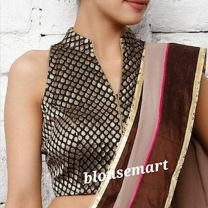 Black Silk Brocade Blouse, collar Blouse, Indian Designer Blouse,  Saree Blouse, Sari Blouse, Crop Top, Wedding Blouse,  Ready-made Blouse