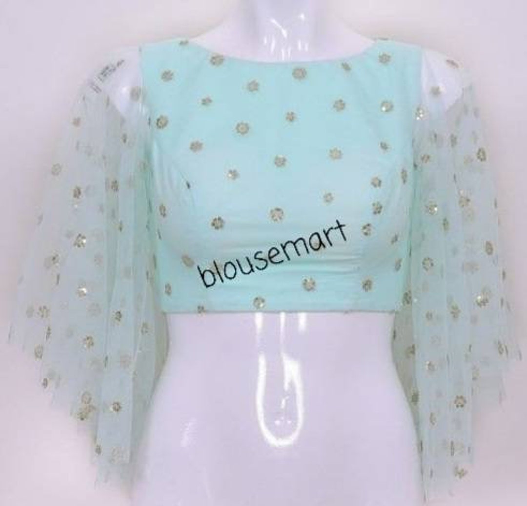 Indian Designer Blouse, Sky Blue Blosue, Bell Sleeves Blouse, Net