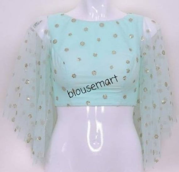 Indian Designer Blouse Sky Blue Blosue Bell Sleeves Blouse Net sequin buti Blouse Saree Blouse sari blouse Ready made Blouse
