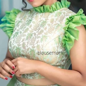 Green Brocade Blouse, Indian Designer Blouse, Frill Blouse,   Saree Blouse,  Sari Blouse,  Crop Top,  women Blouse,  Ready-made Blouse