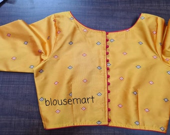 Camicetta di seta gialla, camicetta con ricami Zari, camicetta di design indiano, camicetta con maniche a gomito, camicetta per sari, camicetta pronta all'uso.