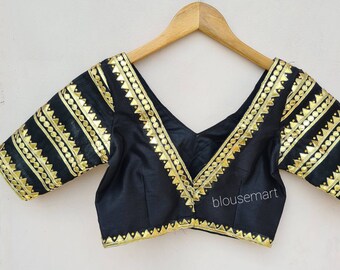 Camicetta nera con scollo a V e ricami Gota, camicetta di seta, camicetta di design indiano, camicetta street, camicetta per sari, crop top, camicetta pronta da indossare.