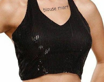 Black Sequin Blouse, Halter Neck Blouse, Saree Blouse, Sari Blouse, Crop Top, Ready-made Blouse .