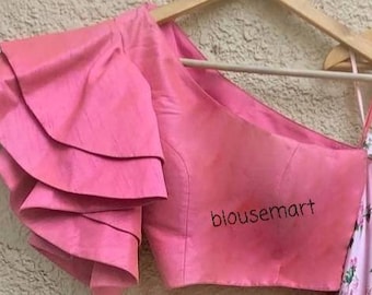 Blusa rosa de un hombro, blusa de mangas de campana, blusa de diseñador indio, blusa saree, blusa Sari, crop top, blusa prefascada