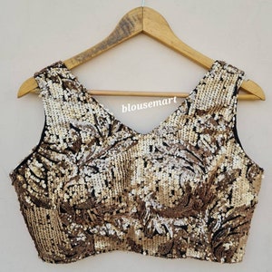 Schwarze goldene Paillettenbluse, V Halsbluse, Cutsleeves Bluse, Hochzeitsbluse, Saree Bluse, Sari Bluse, Crop Top, Fertige Bluse