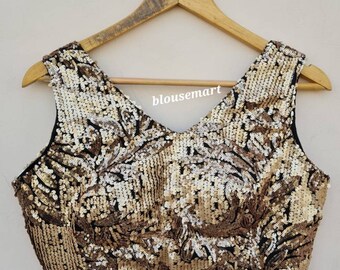 Czarna złota bluzka z cekinami, bluzka z dekoltem w serek, bluzka z rękawami typu cutsleeves, bluzka ślubna, bluzka sari, bluzka sari, krótki top, gotowa bluzka