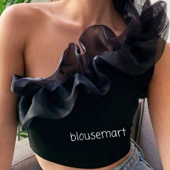 Black one shoulder top Organza top Crop Top Indian Designer Blouse one shoulder frill blouse saree blouse sari blouse Ready made