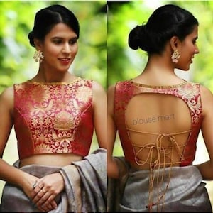Red Brocade Designer Back Blouse, Paded Blouse, Indian Blouse, Cutsleeves Blouse, Saree Blouse, Sari Blouse, Ready-made Blouse.