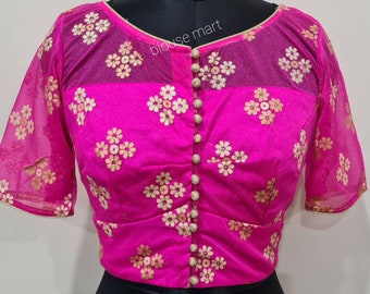 Pink Boat Neck Net Blouse Elbow Sleevs 