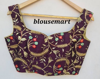 Blusa de trabajo de seda morada, blusa con escote corazón, blusa sin mangas, blusa de diseñador indio, blusa sari, blusa sari, top corto, confeccionada