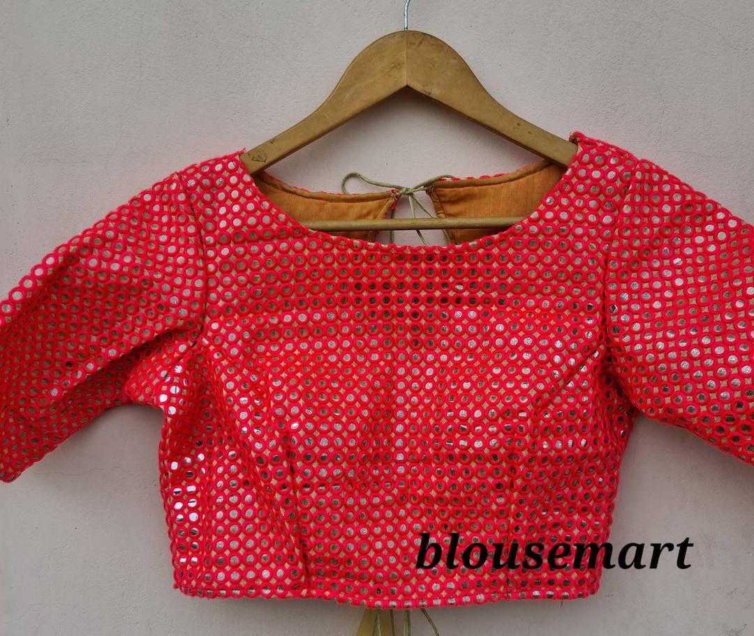 Pink Mirror Blouse, Boat Neck Elbow Sleeves Blouse, Indian Designer