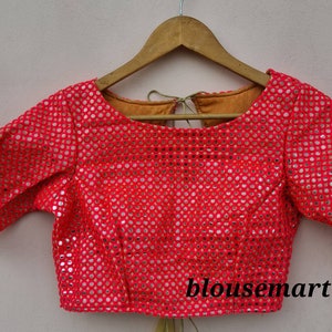 Pink Mirror Blouse, Boat Neck Elbow Sleeves Blouse, Indian Designer Blouse, Saree Blouse, Sari Blouse, Crop top, Ready-made Blouse.