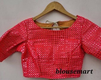 Pink Mirror Blouse, Boat Neck Elbow Sleeves Blouse, Indian Designer Blouse, Saree Blouse, Sari Blouse, Crop top, Ready-made Blouse.