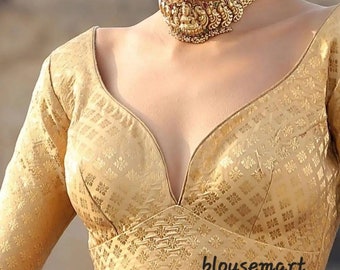 Blusa de brocado beige, blusa con escote corazón, blusa de manga tres cuartos, blusa de diseñador indio, blusa de boda, blusa para sari, blusa para sari, crop top
