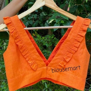 Orange Silk Blouse, V neck Blouse, Frill Blouse, Indian Designer Blouse,  Saree Blouse,  Sari Blouse,  Crop Top, Ready-made Blouse.