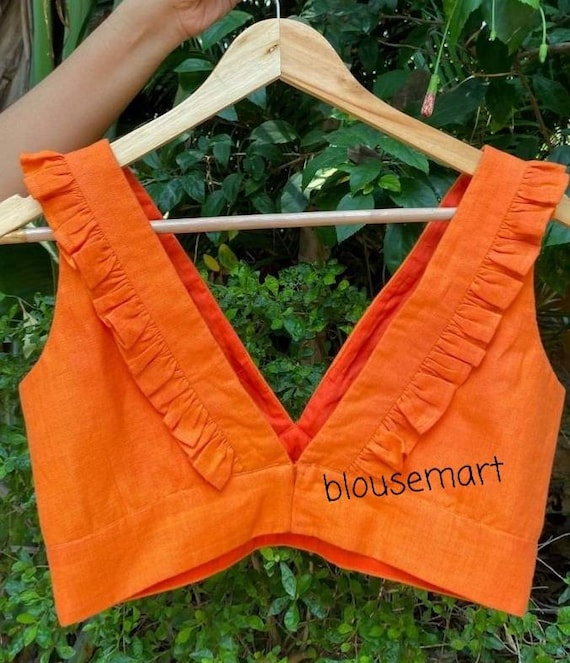 Orange Silk Blouse, V Neck Blouse, Frill Blouse, Indian Designer