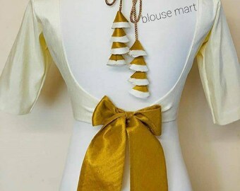 White Blouse With Golden Bow and Tassels Blouse, Paded Blouse With
