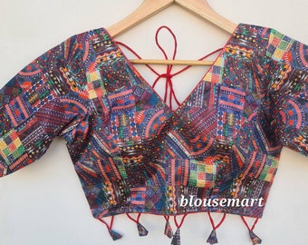 Flerfärgad V-ringad blus, armbågsärmad blus, indisk designerblus, sari-blus, sari-blus, kort topp, bröllopsblus, färdigsydd blus