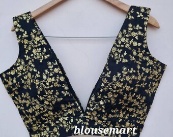 Black Sequin V neck Blouse, Indian Designer Blouse, Wedding Blouse, Saree Blouse, Sari Blouse, Crop Top, Customize Blouse, Ready-made Blouse