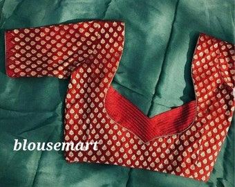 Red Banarsi Blouse, Elbow Sleeves Blouse, Indian Designer Blouse, Saree Blouse, Sari Blouse, Crop Top, Wedding Blouse, Ready-made Blouse.