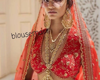 Röd sidenblus med V-ringning, Sabyasachi-blus, Indisk designerblus, Crop Top, Bröllopsblus, Sari-blus, Sari-blus, Färdigblus