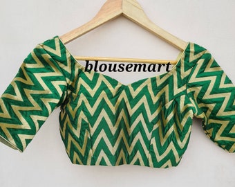 Green Brocade Blouse, Sweetheart Neck Elbow Sleeves Blouse, Indian Designer Blouse,  Saree Blouse, Sari Blouse, Crop Top, Ready-made Blouse