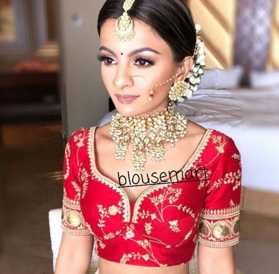 Red Sabyasachi Designer Blouse, Sweetheart neck Blouse, Elbow Sleeves  Blouse, Indian Blouse, Wedding Blouse, Crop top, lehenga choli.