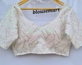 Blusa blanca de lentejuelas con escote corazón, blusa de manga tres cuartos, blusa de diseñador indio, blusa para sari, blusa para sari, crop top, blusa de boda, leer