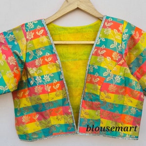Yellow Multi Color V neck Blouse, Indian Designer Blouse, Saree Blouse, Sari Blouse, Crop Top, Wedding Blouse, Ready-made Blouse