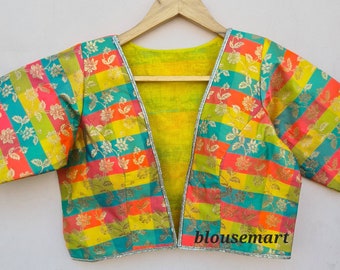 Yellow Multi Color V neck Blouse, Indian Designer Blouse, Saree Blouse, Sari Blouse, Crop Top, Wedding Blouse, Ready-made Blouse