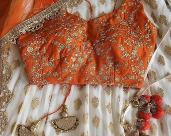 Blanco naranja Lehenga, Diseñador indio Lehenga, Boda Lehenga, Falda crop top, Damas de honor Lehenga, lehenga choli, Mujeres lehenga, Listo para preparar