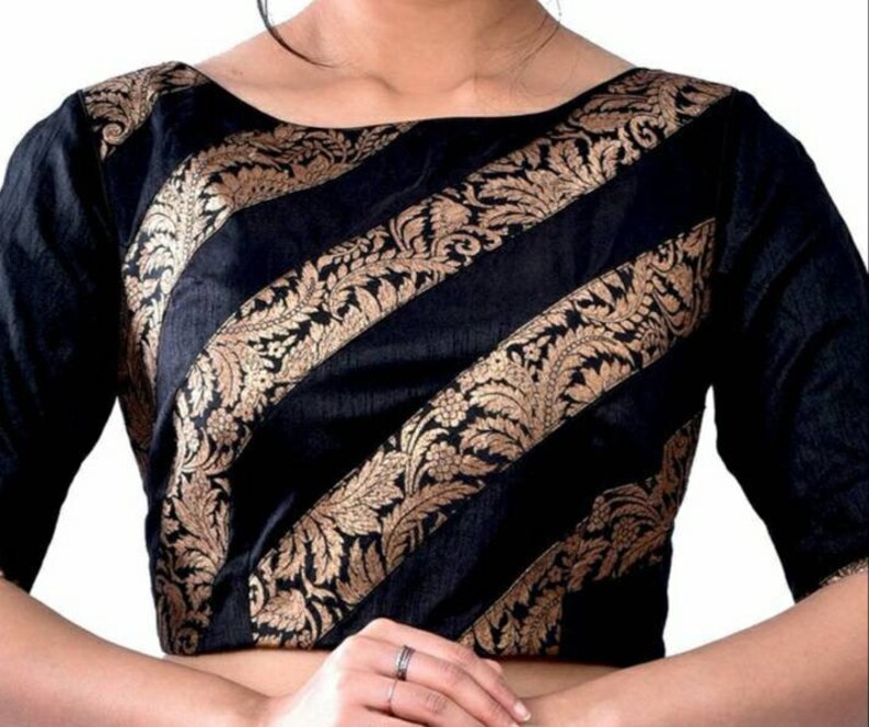 Black Brocade Silk Blouse Boat neck Blouse Elbow Sleeves Etsy