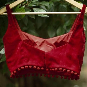 Red velvet Pom Pom Blouse, Cutsleeves Blouse, Paded Blouse, Saree blouse, Sari Blouse, Crop Top, Lehenga blouse, Ready-made Blouse