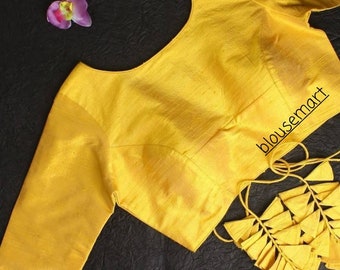 Camicetta gialla con scollo a barca, Camicetta con maniche a gomito, Camicetta di design indiano, Camicetta Saree, Camicetta Sari, Crop Top, Camicetta già pronta