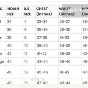 Puede incluir: Una tabla de tallas con columnas para tallas gen&eacute;ricas, indias y estadounidenses. Las medidas del pecho var&iacute;an de 84-86 cm a 120-122 cm. Las medidas de la cintura var&iacute;an de 64-69 cm a 109-112 cm. Las medidas de la cadera var&iacute;an de 89-91 cm a 124-127 cm.