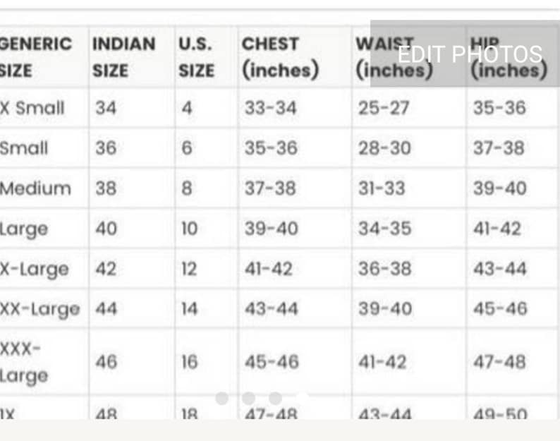 Puede incluir: Una tabla de tallas con columnas para tallas gen&eacute;ricas, indias y estadounidenses. Las medidas del pecho var&iacute;an de 84-86 cm a 120-122 cm. Las medidas de la cintura var&iacute;an de 64-69 cm a 109-112 cm. Las medidas de la cadera var&iacute;an de 89-91 cm a 124-127 cm.